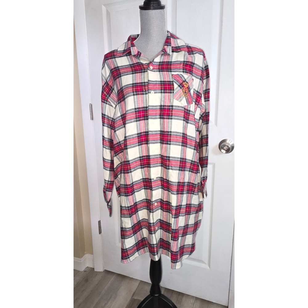 Lauren Ralph Lauren Plaid Flannel Nightshirt XL Cream Red Gold Metallic LN32374